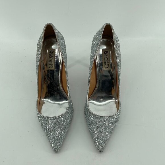 BADGLEY Mischka glitter sparkly silver pump high heel New Years Christmas party - Picture 2 of 16